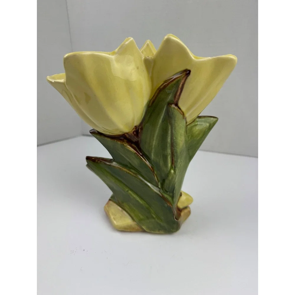 Vintage McCoy Yellow Tulip Ceramic Vase Mid Century Art Pottery Floral Planter